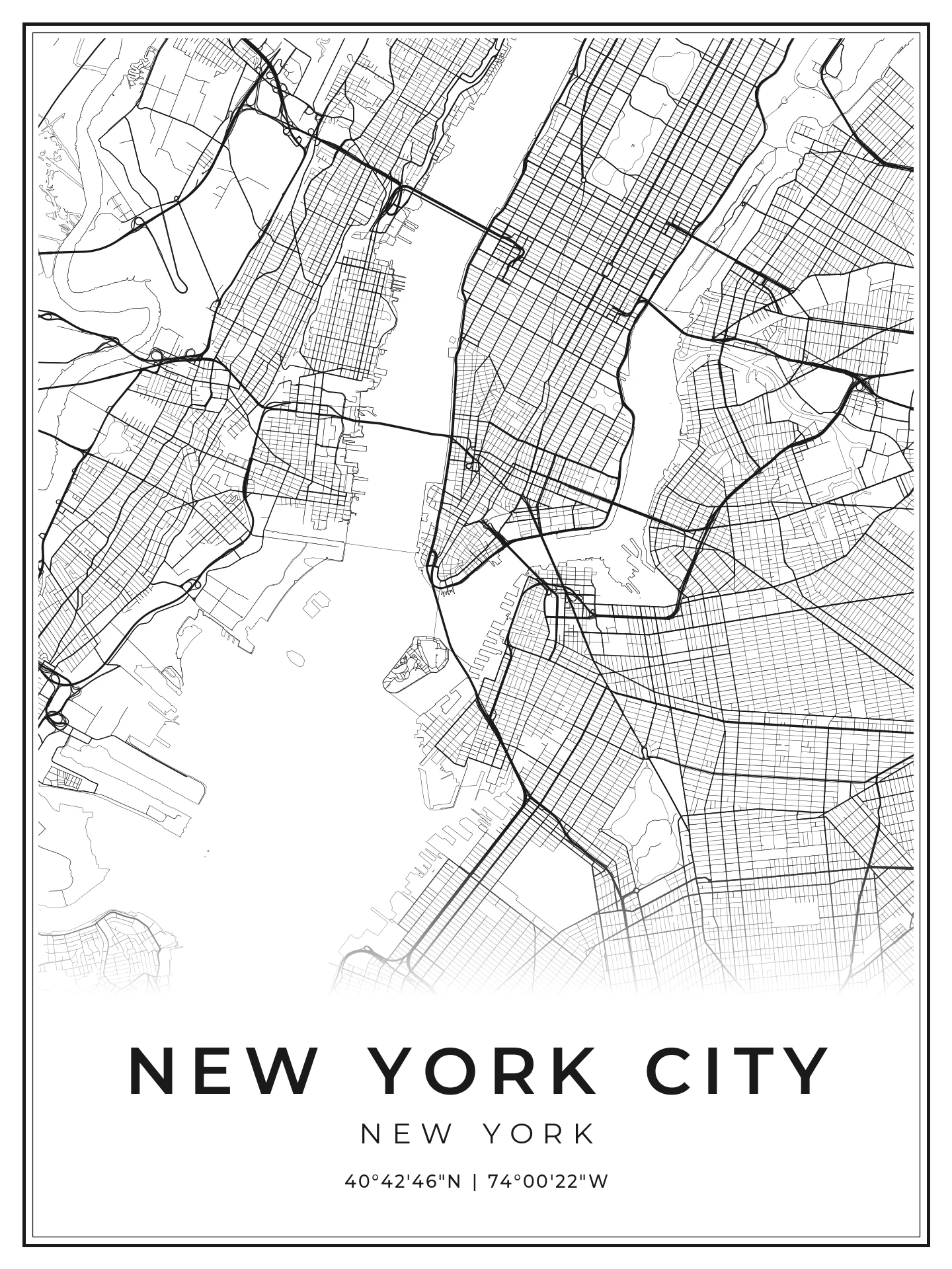New York City street-map print in a black frame